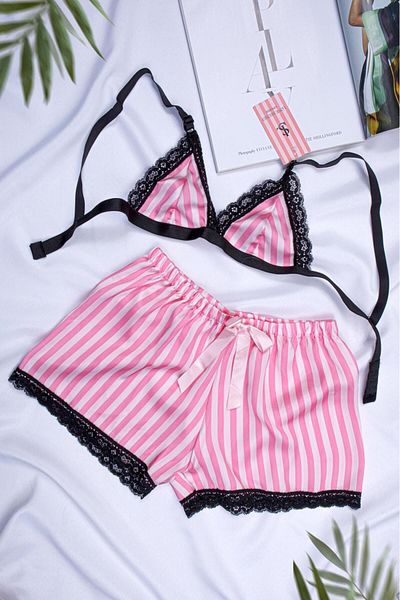 RUNA UNDERWEAR Pink Satin Strap Bralet Nightgown Suit with Shorts