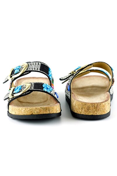 Erkan Saçmacı Black Fixed Double Banded Colorful Stone Beaded Cork Sole Look Slippers