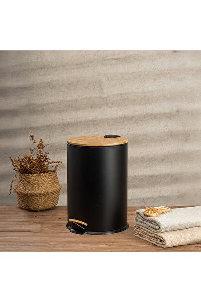 Vadi 12 Lt Pedal Metal Trash Can with Bamboo Lid - Quiet Closing Kitchen and Bathroom Bucket