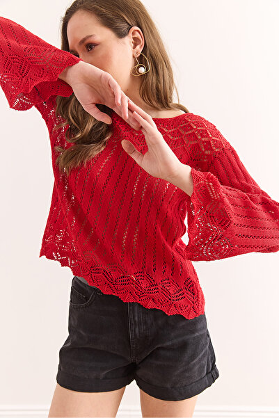 Olalook Kadın Kırmızı Roba Bağcıklı V Yaka Ajurlu Pamuk Bluz Blz-19002272