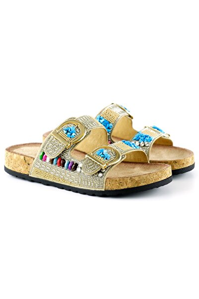 Erkan Saçmacı Beige Fixed Double Banded Colorful Stone Beaded Cork Sole Look Slippers