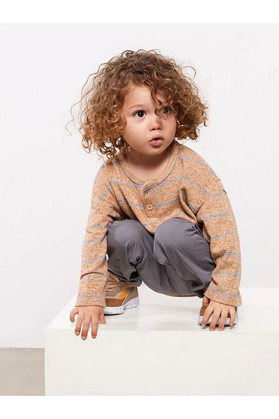 LC Waikiki Lcw Baby Brown Crew Neck Long Sleeve Striped Baby Boy Sweatshirt