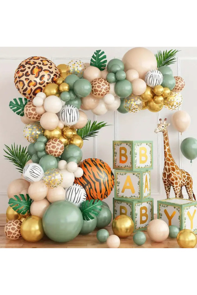 Çemrek Süs Parti مجموعة سلسلة بالونات سفاري كونسبت مكونة من 100 قطعة من البالونات الشفافة المزخرفة بالزرافة والحمار الوحشي