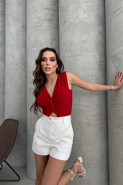 RB CLUB Button Detail V-Neck Crop Blouse Red Rb2800