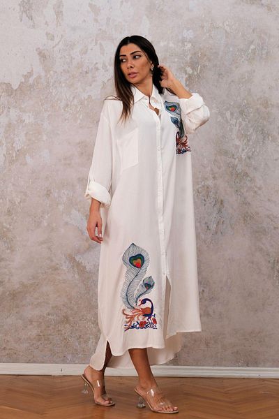 Markano White Chest and Skirt Peacock Embroidered Long Shirt Dress with Sleeves and Epaulettes and Pockets