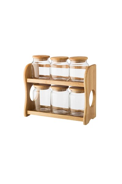 Dania Set of 6 Glass and Bamboo Wood Kitchen Storage Containers with Holder