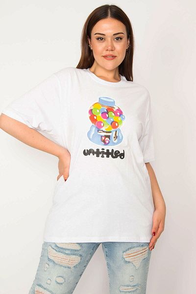 Şans Women's Plus Size White Cotton Fabric Digital Printed Blouse 65n33277