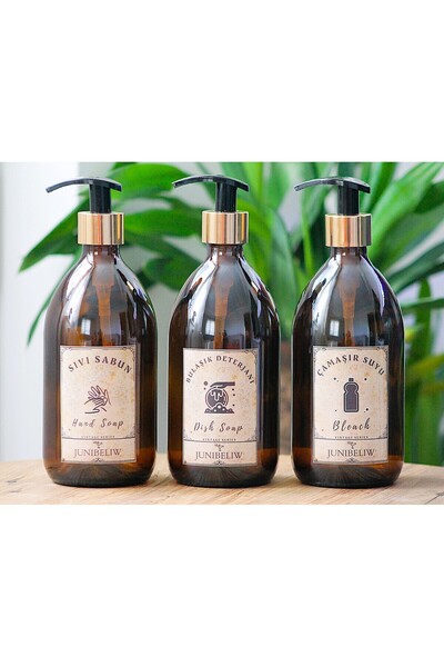 JUIWI 3lü Set Vintage Gold Pompa Boş Cam Şişe Bulaşık Deterjanlık Sıvı Sabunl...