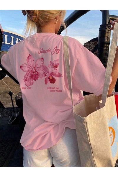 EVIus Oversize Simple Joy Flower printed Crew Neck T-shirt