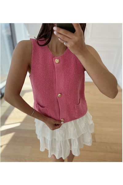 CADDELAMODA Women's Crew Neck Thessaloniki Knitted Gold Buttoned Knitwear Vest
