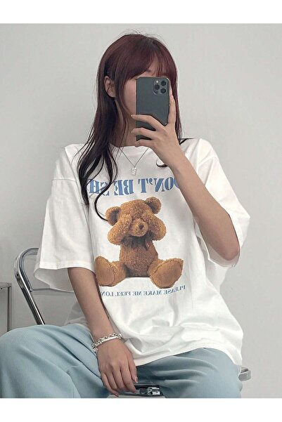 EVIus تي شيرت برقبة دائرية مطبوع عليه دمية دب لا تخجل مقاس كبير