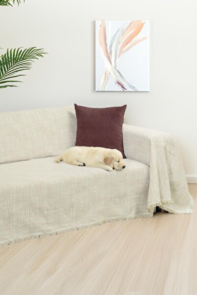 Latuda Home PureCot Premium Pamuklu Püsküllü Koltuk Örtüsü 180x300 Large Çift Taraflı Terletmez Kaymaz , Krem