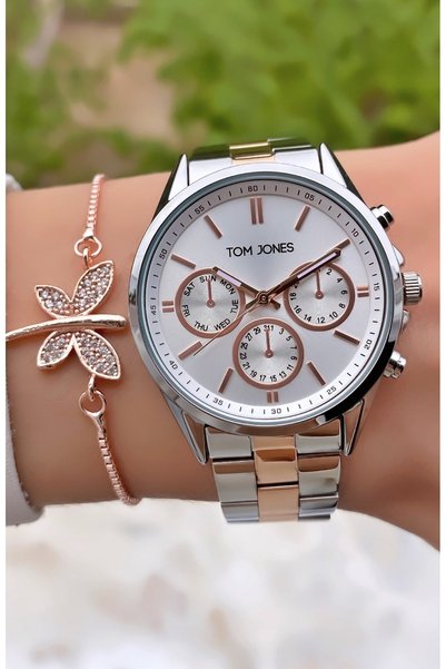 Tom Jones London Brand Yellow Silver Color Calendar Women's Wristwatch - Bracelet Gift