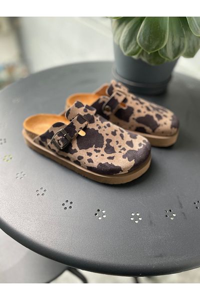Land of Cork Anatomical Natural Cork Sole Cow Animal Cow Pattern Platform Genuine Leather Indoor Slippers
