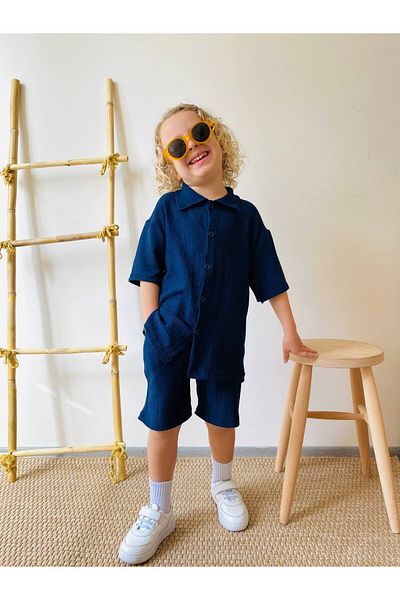 ARBİ kids Male Child Navy Blue Wrinkle Fabric Short-Sleeve Shirt Style Stylish Set Summer