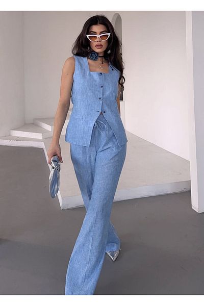 pembekurdelem Blue Women's Square Neck Vest and Pants Set