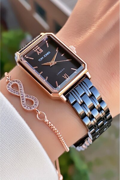 Tom Jones ساعة يد نسائية مقاومة للماء باللون الأسود الوردي - سوار 0850DKL001366