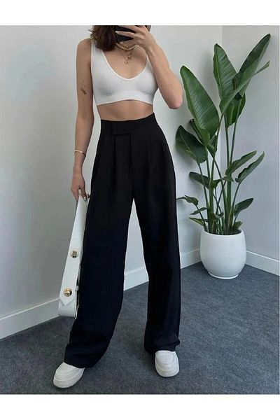 Boubon Co Women's Black Velcro High Waist Wide Leg Palazzo Trousers