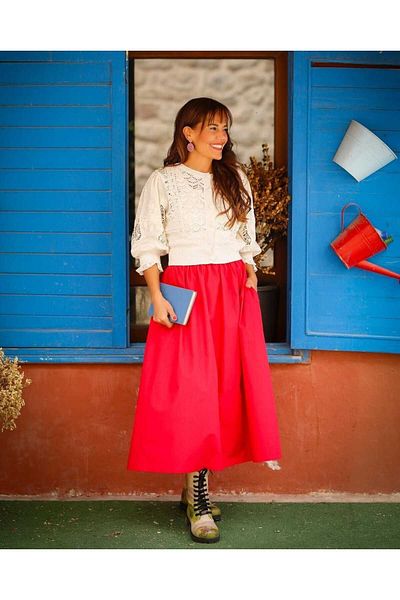 Gülmude Long Double Pocket Poplin Elastic Waist Skirt Unlined (90 cm)