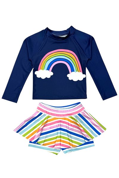 Lolliboomkids Colorful Rainbow Print Pattern Long Sleeve Leggings Skirted 2-Finger Set
