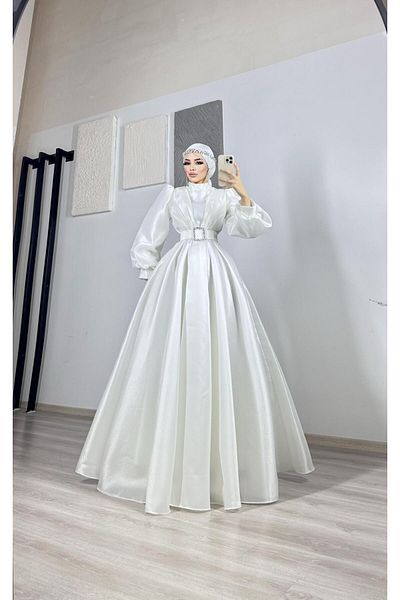 MERVEPLUME Plume Taffeta Fabric Belt with Stones Hijab Women's Evening Dress Graduation Wedding Evening Dress