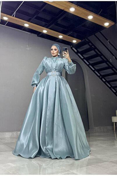 MERVEPLUME Plume Tafta Kumaş Kemerli Taşlı Tesettür Kadın Abiye Mezuniyet Düğün Abiye