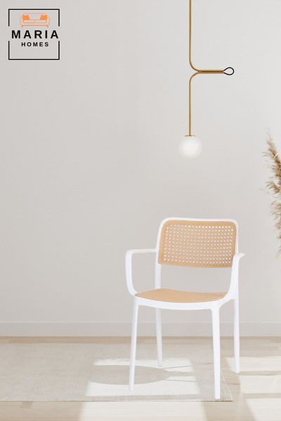 MARIA HOMES Modern Rattan-Style Plastic Armchair White Frame Dining or Accent Chair by Maria Homes