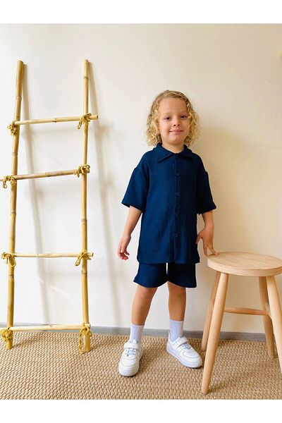 ARBİ kids Male Child Navy Blue Wrinkle Fabric Short-Sleeve Shirt Style Stylish Set Summer