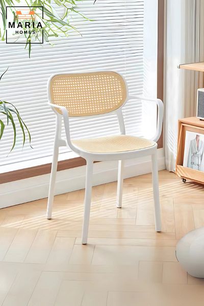 MARIA HOMES Modern Rattan-Style Plastic Armchair White Frame Dining or Accent Chair by Maria Homes