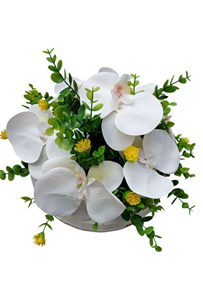 Cennet Home Enamel Orchid Arrangement Desktop Decorative Gift Artificial Flower in White Luxury Mica Pot