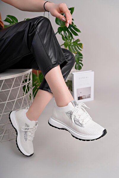 homiro Kadın Bağcıklı Triko Poli Taban Spor Sneaker Ayakkabı-Beyaz