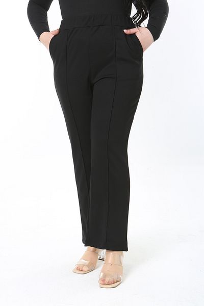 Şans Women's Large Size Black Front Grass Stitching Side Pocket Elastic Waist Pants 65N38928