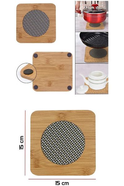 HB LİFE bamboo Straw Embroidered Square Nihale Natural Heat Resistant Kitchen Coaster 2pcs