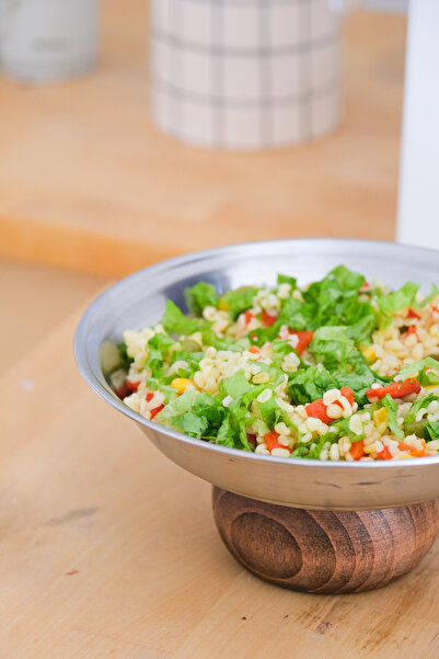 Beige & Stone Ahşap Ayaklı Çelik 21 cm Salata Kısır Meyve Sunum Tabağı