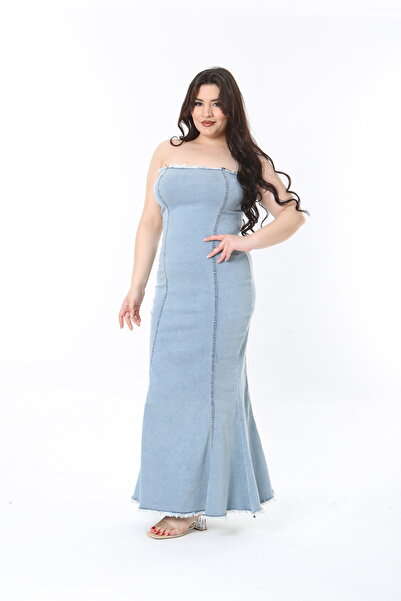 Şans Γυναικείο φόρεμα μεγάλου μεγέθους μπλε πλενόμενο ύφασμα με φερμουάρ πίσω Lycra στράπλες 65N38912