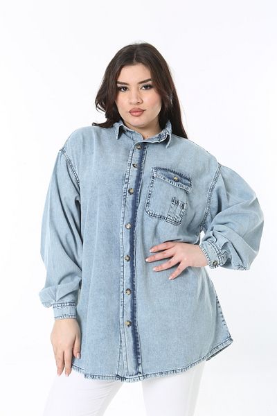Şans Cămașă din denim, cu buzunare, din țesătură de blugi, albastru, de mărime mare, pentru femei, tunică 65N38926