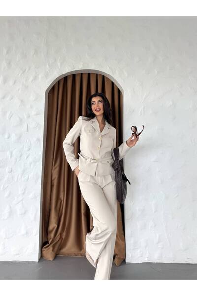Bella Breeze Kadın Kemerli Gold Düğmeli Ceket Palazzo Pantolon Takım Elbise