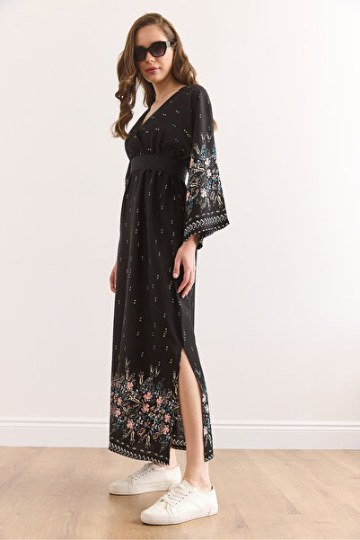 Olalook Double Breasted Collar Elastic Waist Maxi Slit Viscose Dress