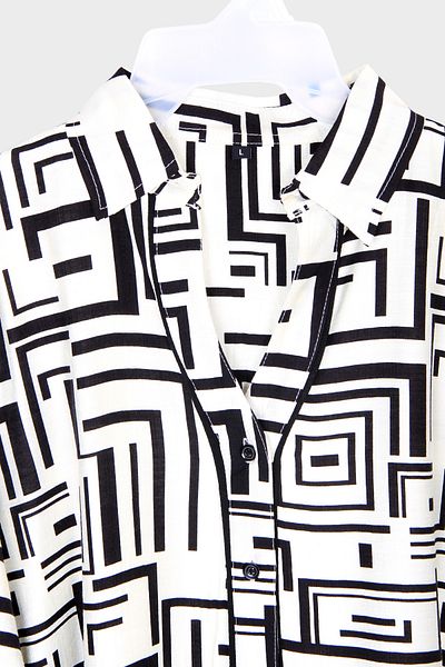 Marwa Butik Store Women's Abstract Geometric Print Long Shirt Dress Black & White