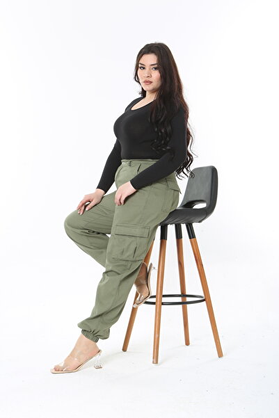 Şans Жіночі штани великого розміру з габардинової тканини хакі з еластичною с...