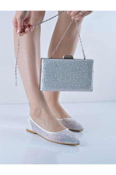 Şanslı Ayakkabıcılık Beyaz Taşlı Fileli Babet Çanta Takım