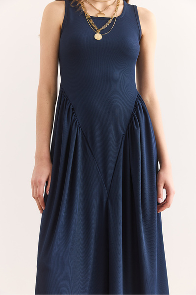 Olalook Women's Navy Blue U Neck Soft Textured Maxi Stretch Dress Elb-19002385