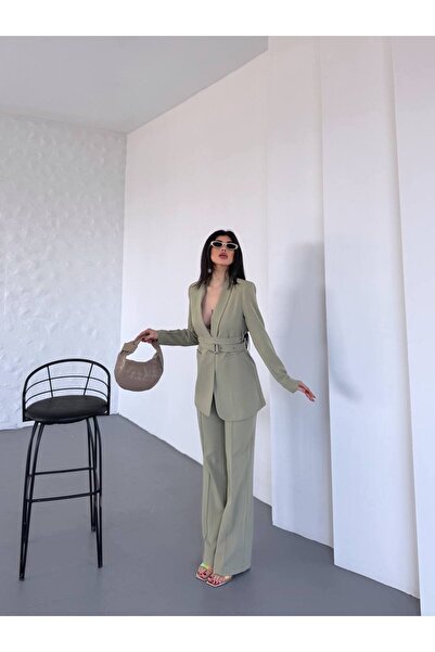 Bella Breeze Kadın İkili Kemer Detay Ceket Palazzo Pantolon Premium Takım Elbise