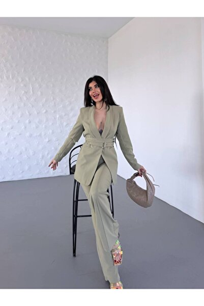 Bella Breeze Kadın İkili Kemer Detay Ceket Palazzo Pantolon Premium Takım Elbise