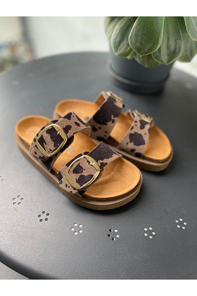 Land of Cork Anatomical Natural Cork Sole Cow Animal Big Buckle Leather Slippers