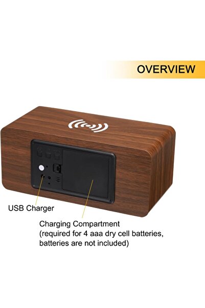 Smart Kitchen ساعة منبه خشبية رقمية أنيقة قابلة للشحن مع خاصية شحن لاسلكي للجوال لون بني خشبي