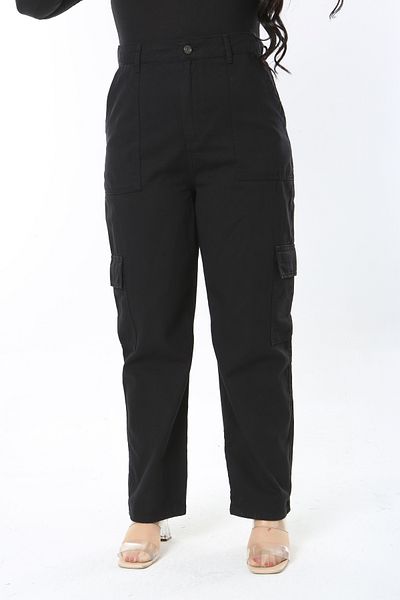 Şans Women's Large Size Black Washed Gabardine Fabric High Waist Cargo Pocket Pants 65N38903