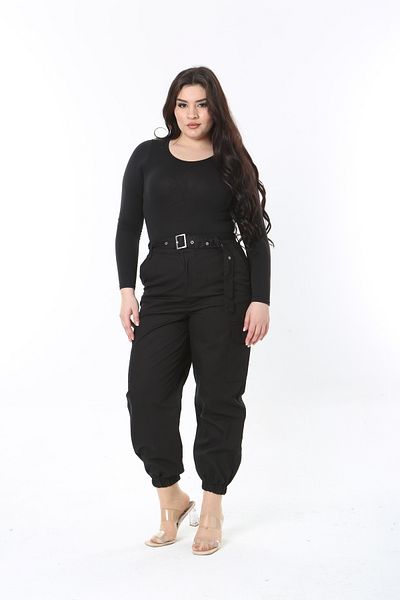 Şans Pantaloni negri cu talie înaltă pentru femei, cu buzunare cargo, cu picior elastic, 65N38905