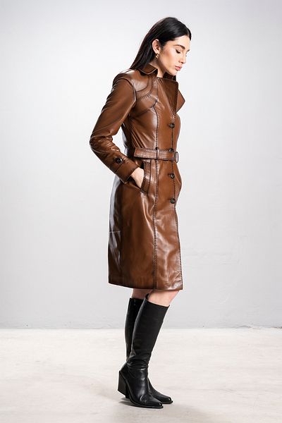 Dericlub Dericlub Angela Women's Real Leather Belted Trench Coat and Shampoo