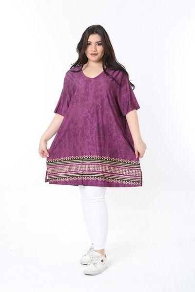 Şans Women's Plus Size Plum Relaxed Fit V-Neck Short Sleeve Tunic 65N38927